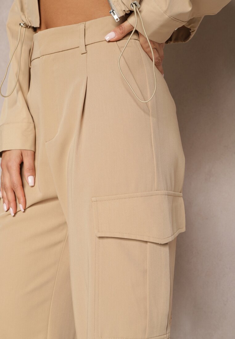 bisou's project Pantaloni Largi Bej Cu talie înaltă Stil elegant Cu buzunare cargo Dekanna