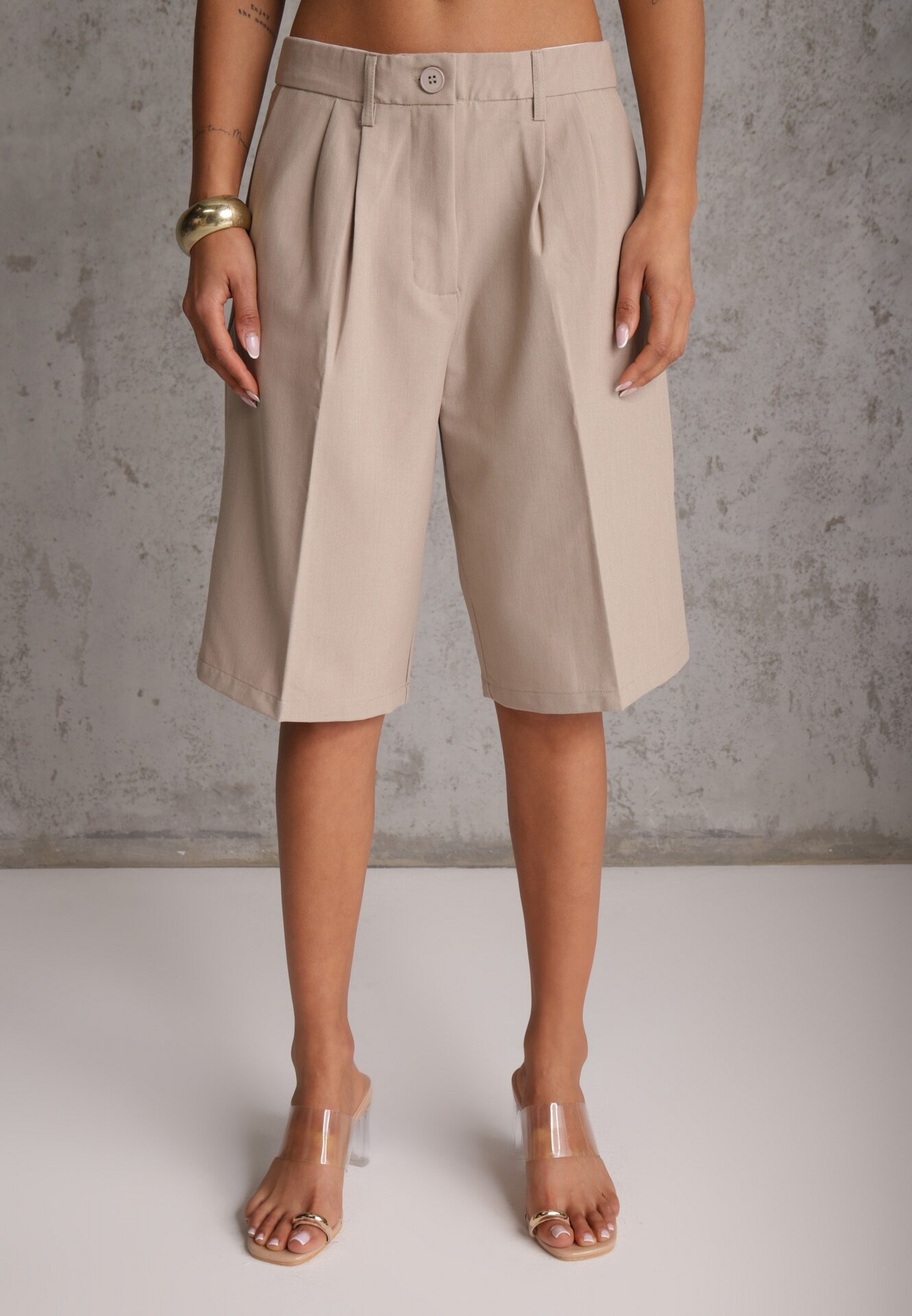 bisou's project Pantaloni scurți Bej cu croială tip costum High Waist cu adaos de viscoză Mavvia