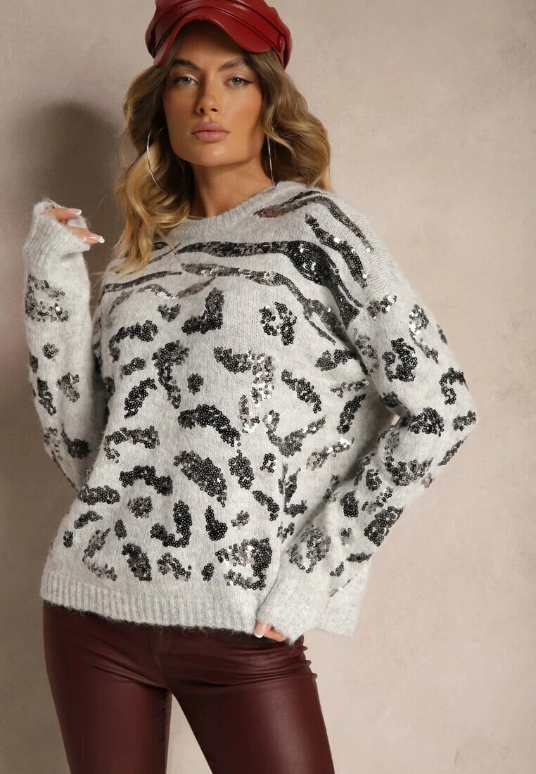 bisou's project Pulover Gri din Lână Decorat cu Imprimeu Leopard cu Paiete Issanoria