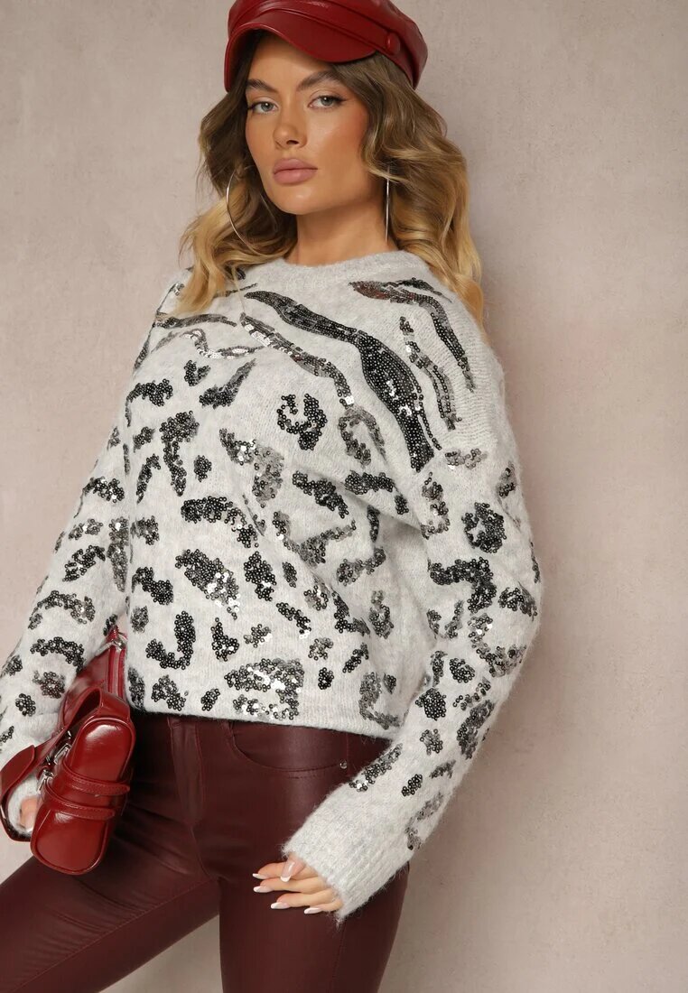 bisou's project Pulover Gri din Lână Decorat cu Imprimeu Leopard cu Paiete Issanoria