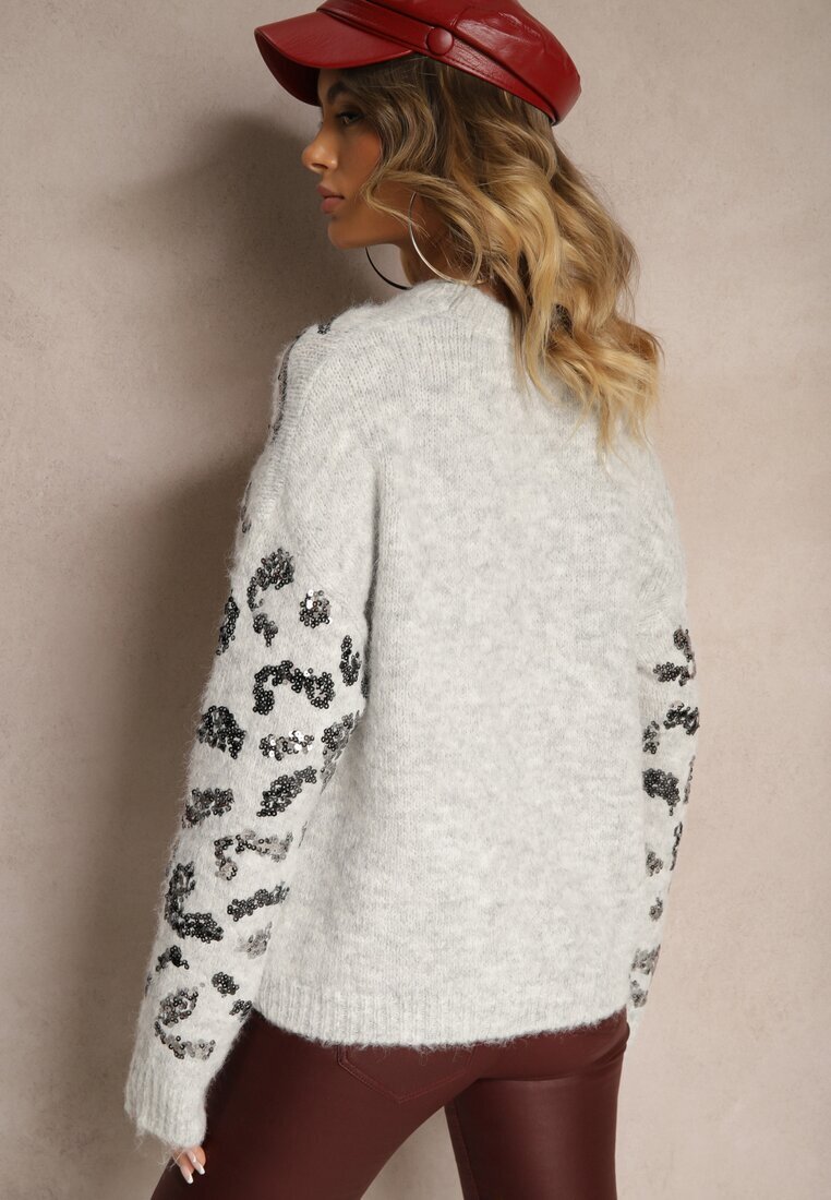 bisou's project Pulover Gri din Lână Decorat cu Imprimeu Leopard cu Paiete Issanoria