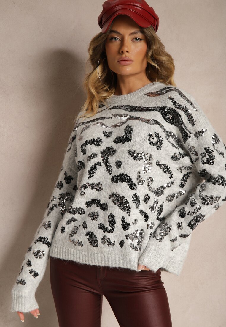 bisou's project Pulover Gri din Lână Decorat cu Imprimeu Leopard cu Paiete Issanoria