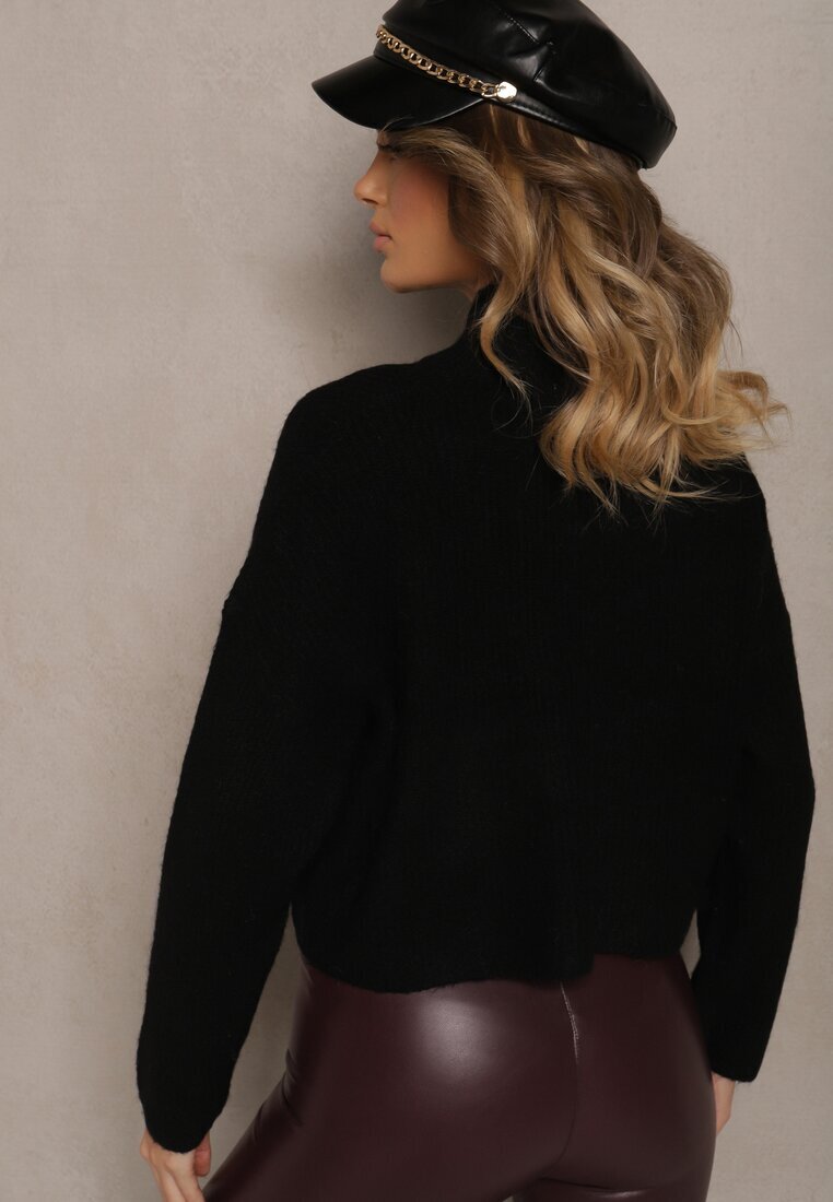 bisou's project Pulover pe gât Negru cu Lână Croi Oversize cu Floare 3D și Paiete Zolimi