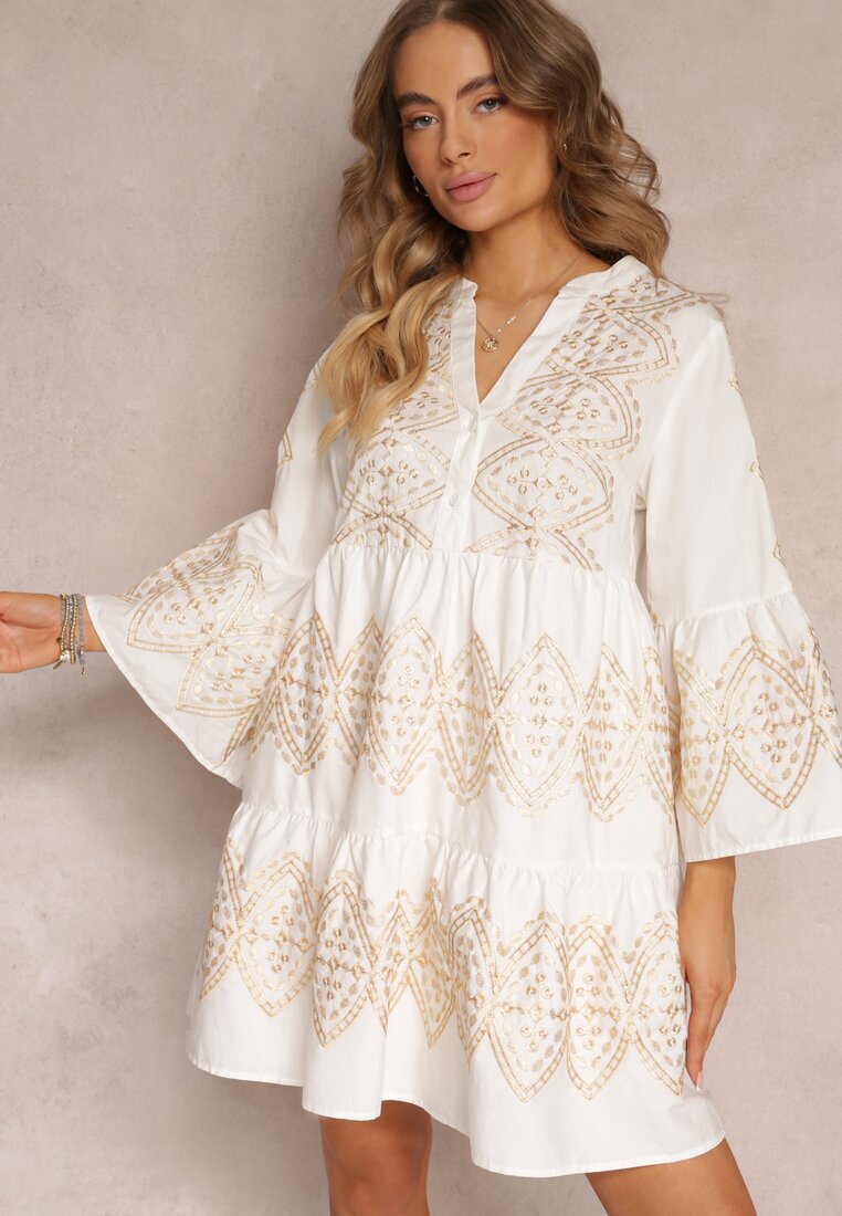 bisou's project Rochie Albă Brodată Cloș cu Mânecă Largă Kalee
