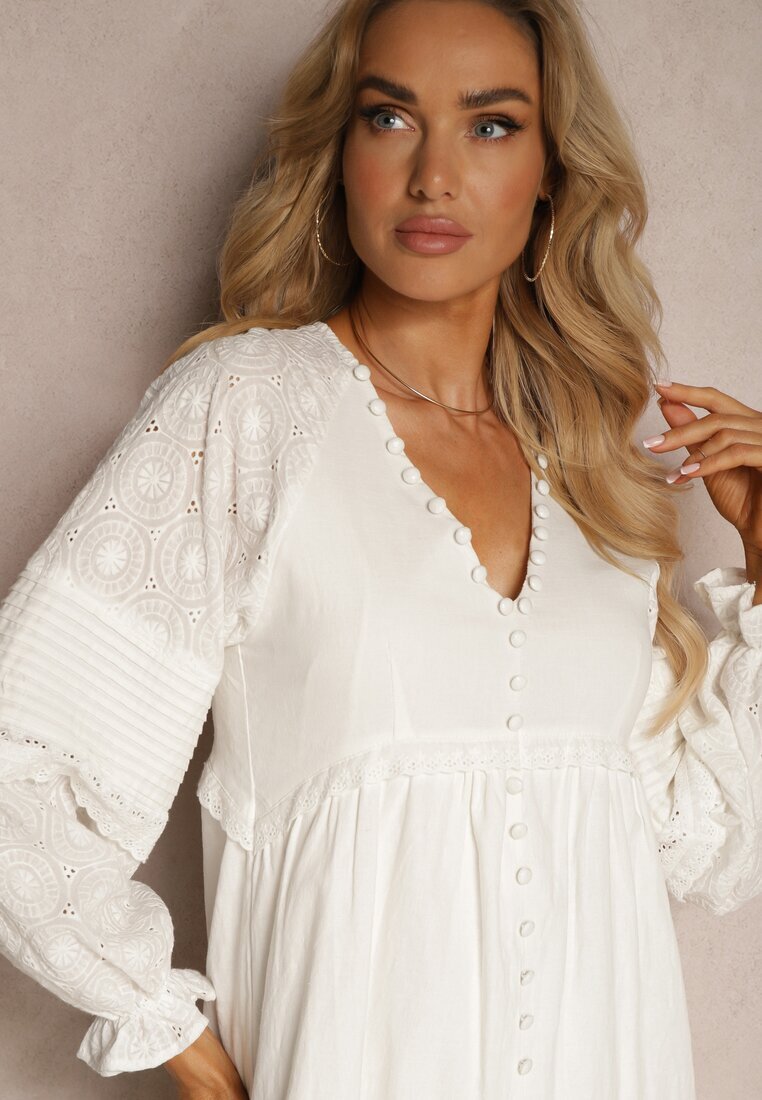 bisou's project Rochie Albă Brodată în Stil Boho din Bumbac Decorată cu nasturi Elali