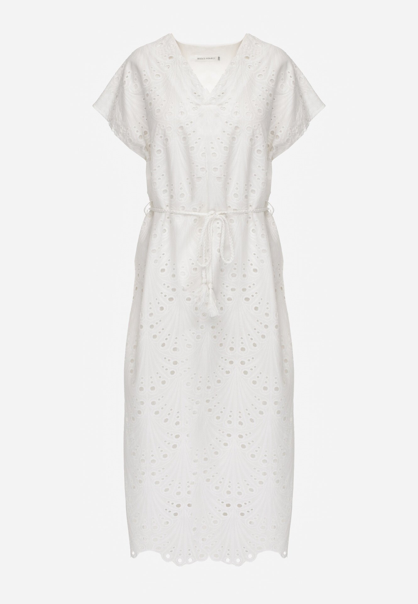 bisou's project Rochie albă de bumbac cu broderie cu cordon din material în talie Dimla