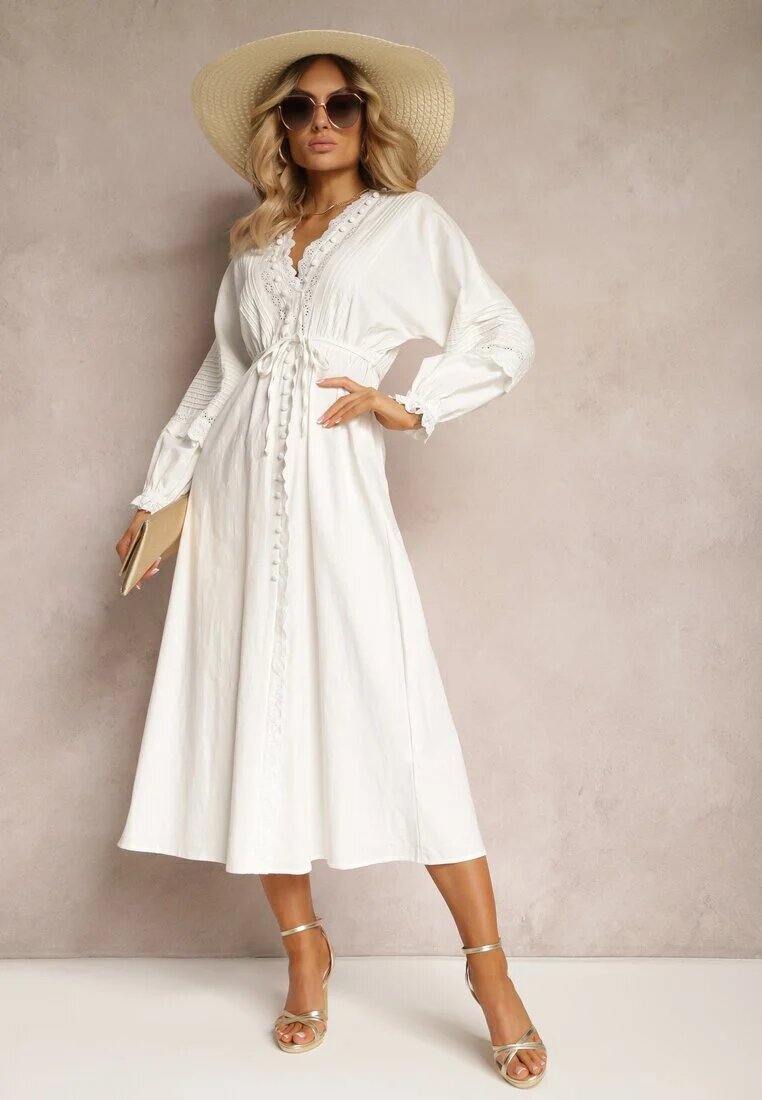 bisou's project Rochie Albă din Bumbac cu Elastic în Talie și Inserții din Dantelă cu Curea din Material Larila