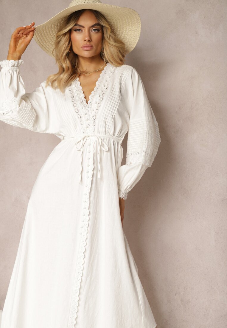 bisou's project Rochie Albă din Bumbac cu Elastic în Talie și Inserții din Dantelă cu Curea din Material Larila