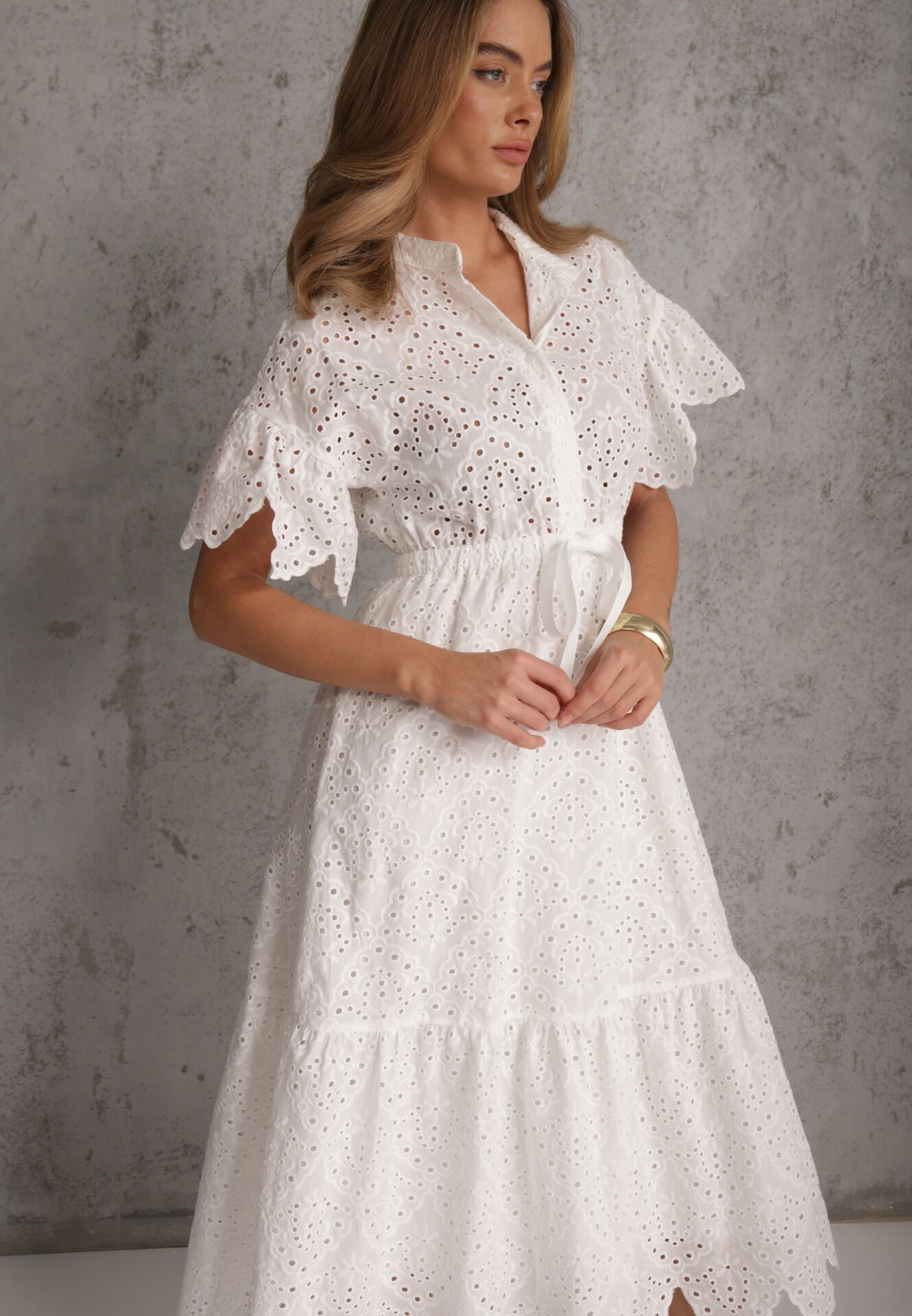 bisou's project Rochie Albă din bumbac evazată cu broderie cu nasturi și elastic în talie Lovarae