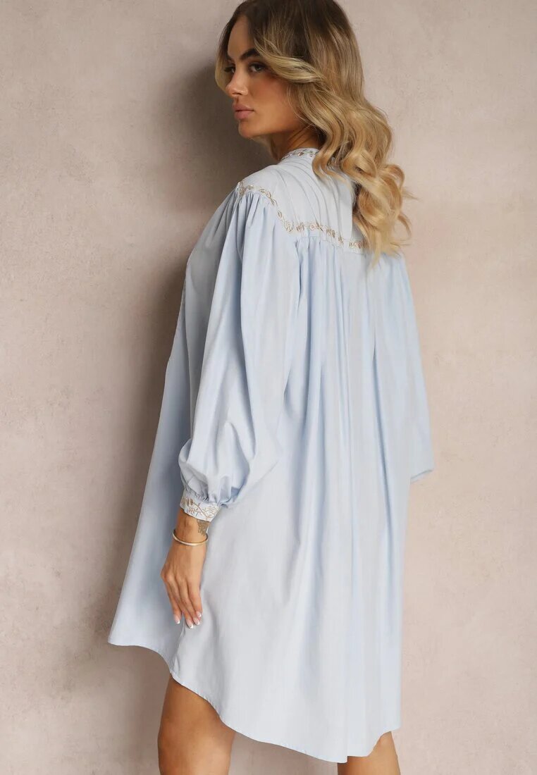 bisou's project Rochie Albastră Brodată Midi cu Croială Dreaptă cu Mânecă Lungă Rosen
