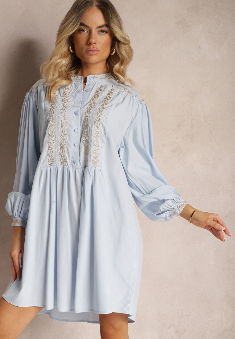 bisou's project Rochie Albastră Brodată Midi cu Croială Dreaptă cu Mânecă Lungă Rosen