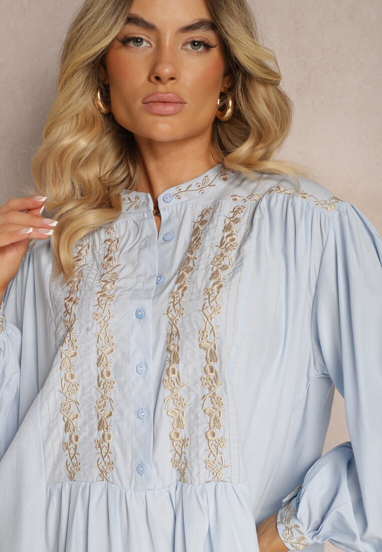 bisou's project Rochie Albastră Brodată Midi cu Croială Dreaptă cu Mânecă Lungă Rosen