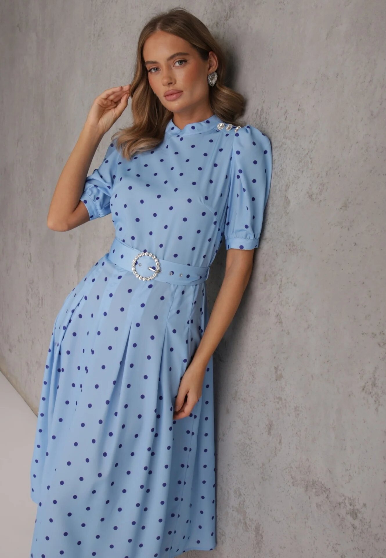 bisou's project Rochie Albastră Evazată Midi cu Elastic în Talie și Curea Decorativă cu Cataramă Abennita