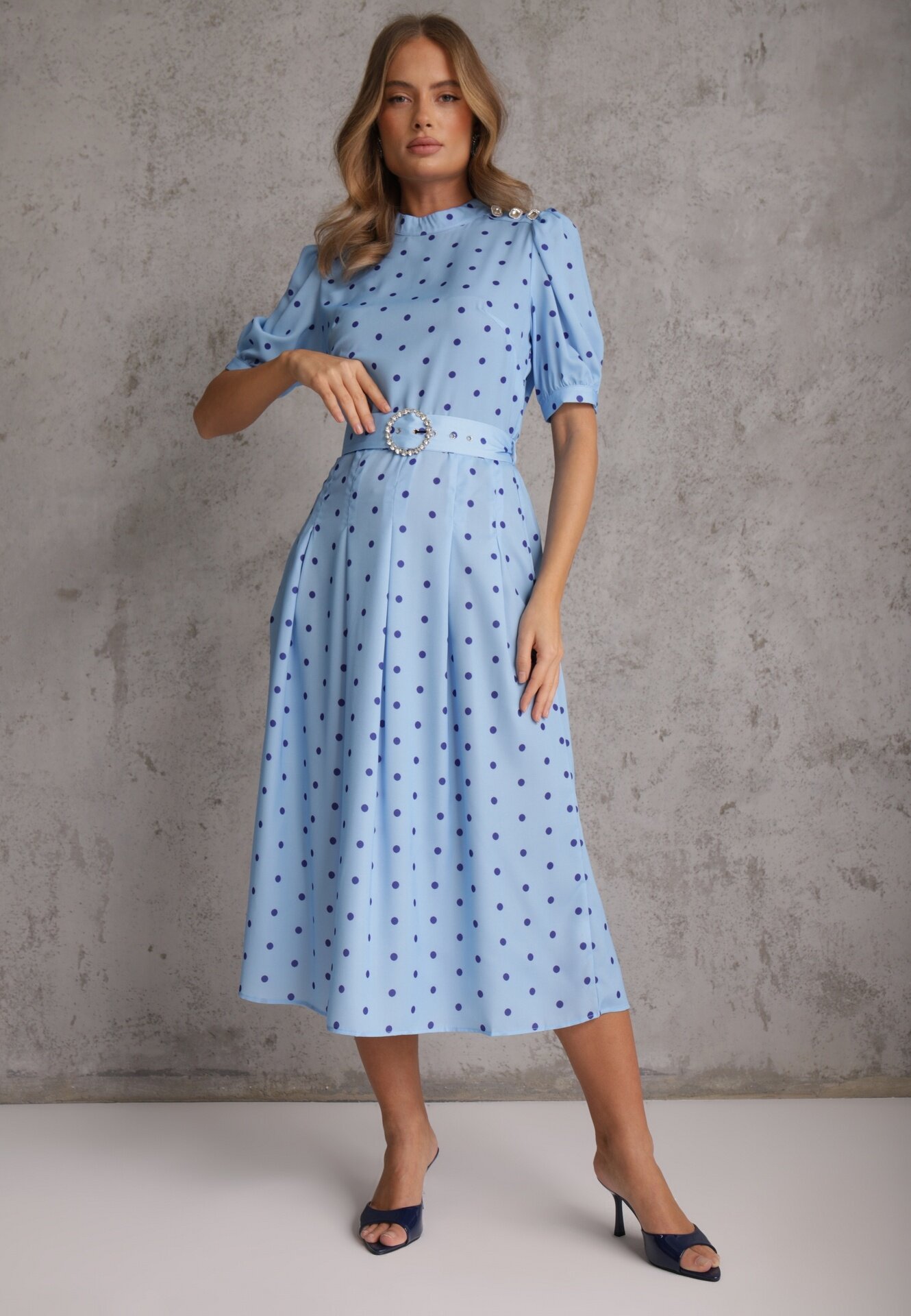 bisou's project Rochie Albastră Evazată Midi cu Elastic în Talie și Curea Decorativă cu Cataramă Abennita