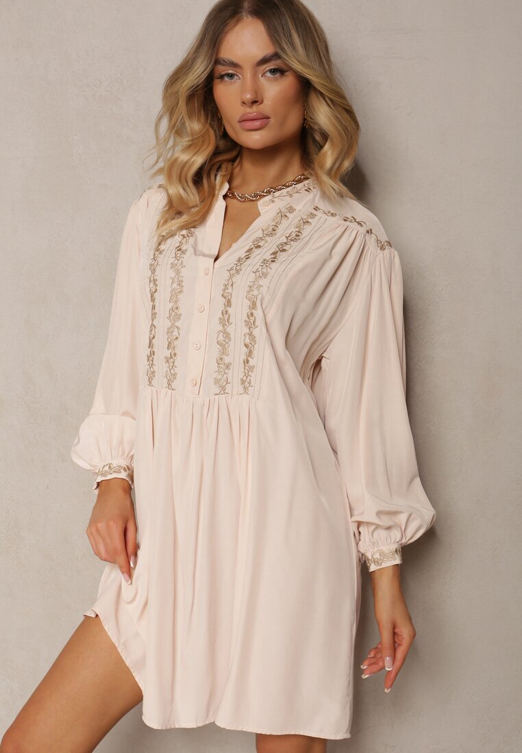 bisou's project Rochie Bej Brodată Midi Croi Lărgit cu Mânecă Lungă Rosen