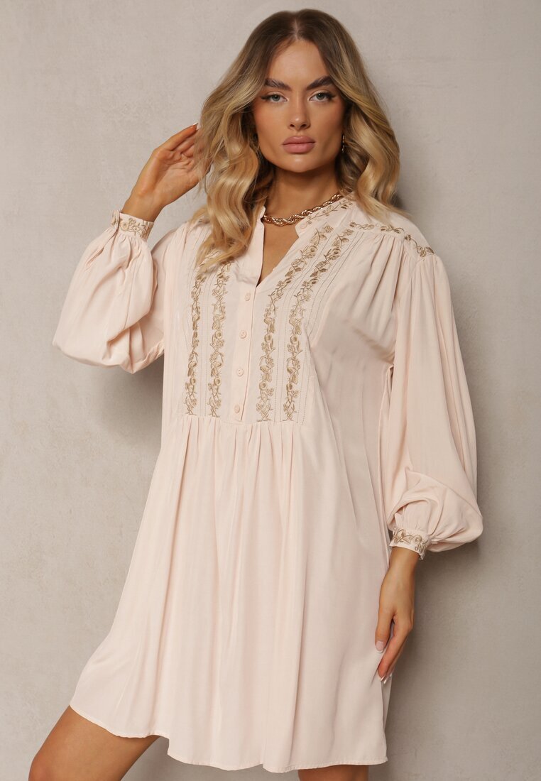 bisou's project Rochie Bej Brodată Midi Croi Lărgit cu Mânecă Lungă Rosen