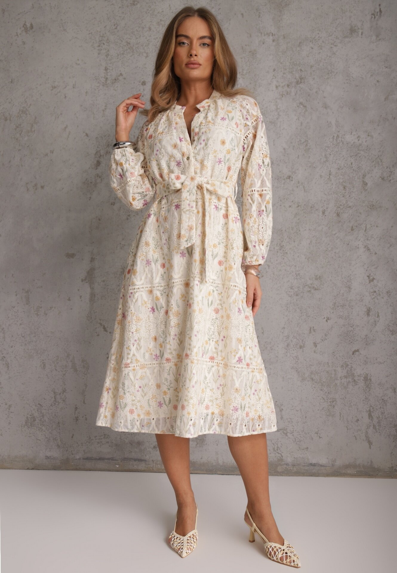 bisou's project Rochie Bej cu Croială Cloș cu Cordon din Material și cu Imprimeu Floral Dimtina