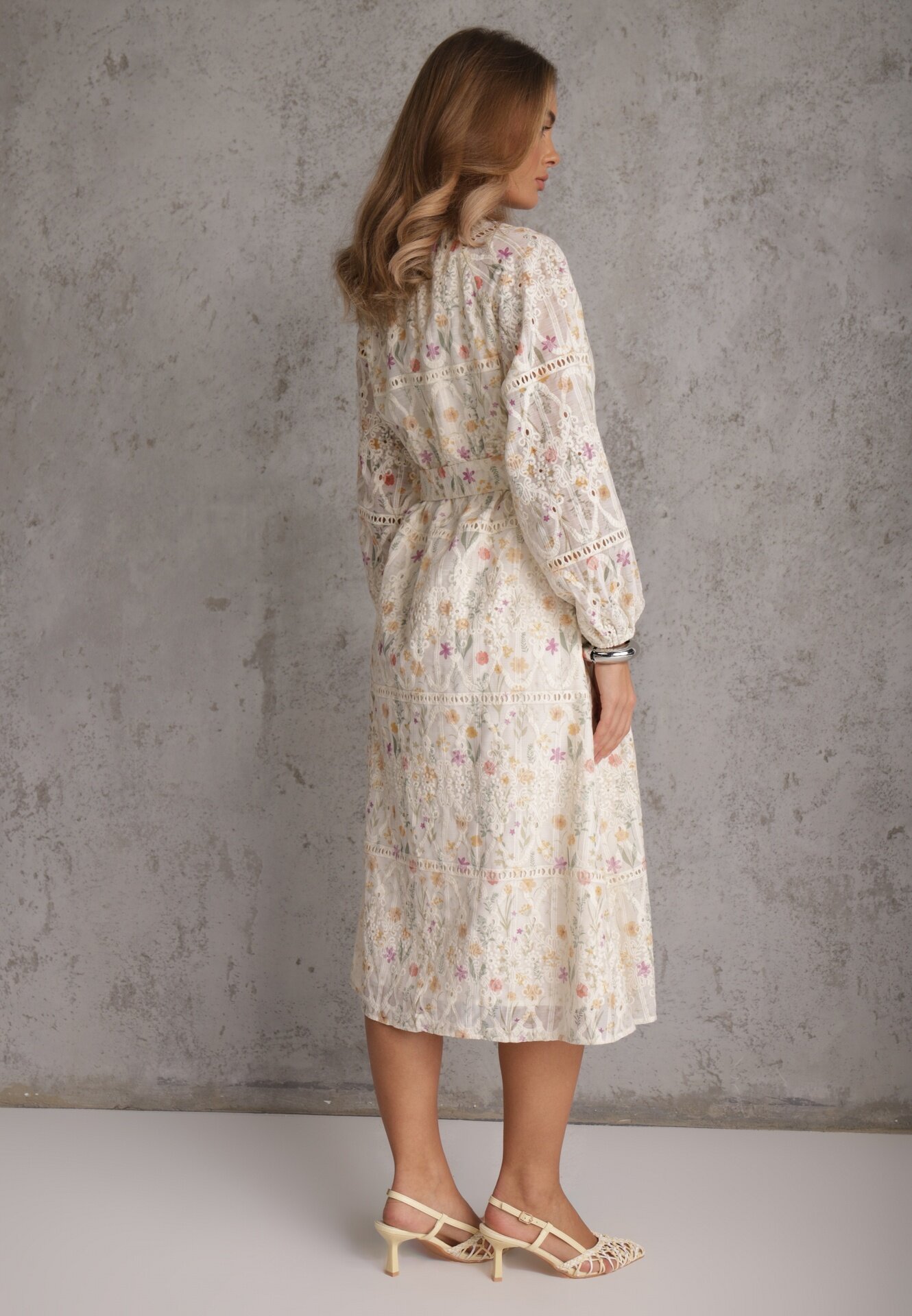 bisou's project Rochie Bej cu Croială Cloș cu Cordon din Material și cu Imprimeu Floral Dimtina