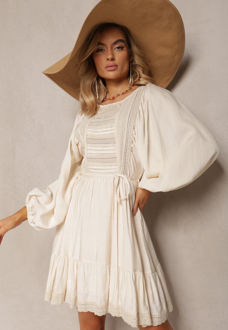 bisou's project Rochie Bej deschis Boho Decorată cu Inserții Ajurate și Dantelă cu Șnur în Talie Lanekade