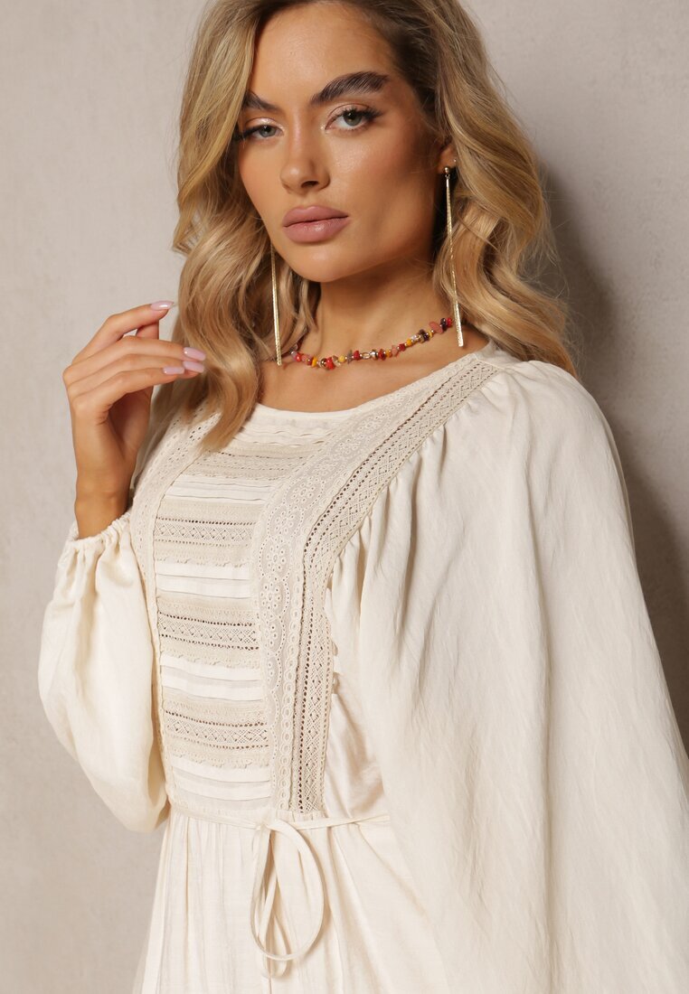 bisou's project Rochie Bej deschis Boho Decorată cu Inserții Ajurate și Dantelă cu Șnur în Talie Lanekade