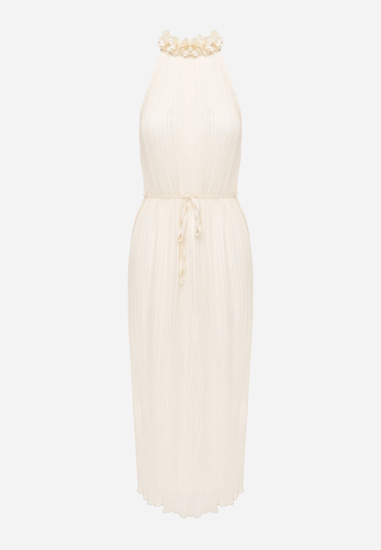 bisou's project Rochie Bej deschis cu decolteu tip halter cu centură din material în talie și aplicații 3D Dimnnia