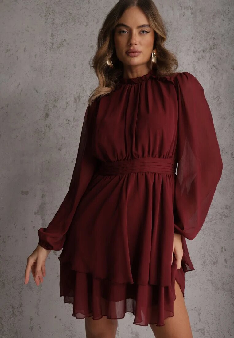 bisou's project Rochie Bordeaux vaporoasă din șifon cu croi evazat și mâneci bufante Aziva