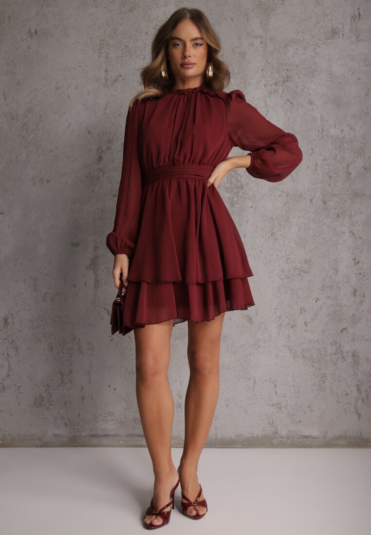 bisou's project Rochie Bordeaux vaporoasă din șifon cu croi evazat și mâneci bufante Aziva