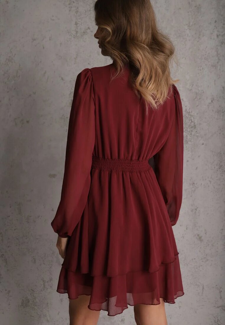 bisou's project Rochie Bordeaux vaporoasă din șifon cu croi evazat și mâneci bufante Aziva