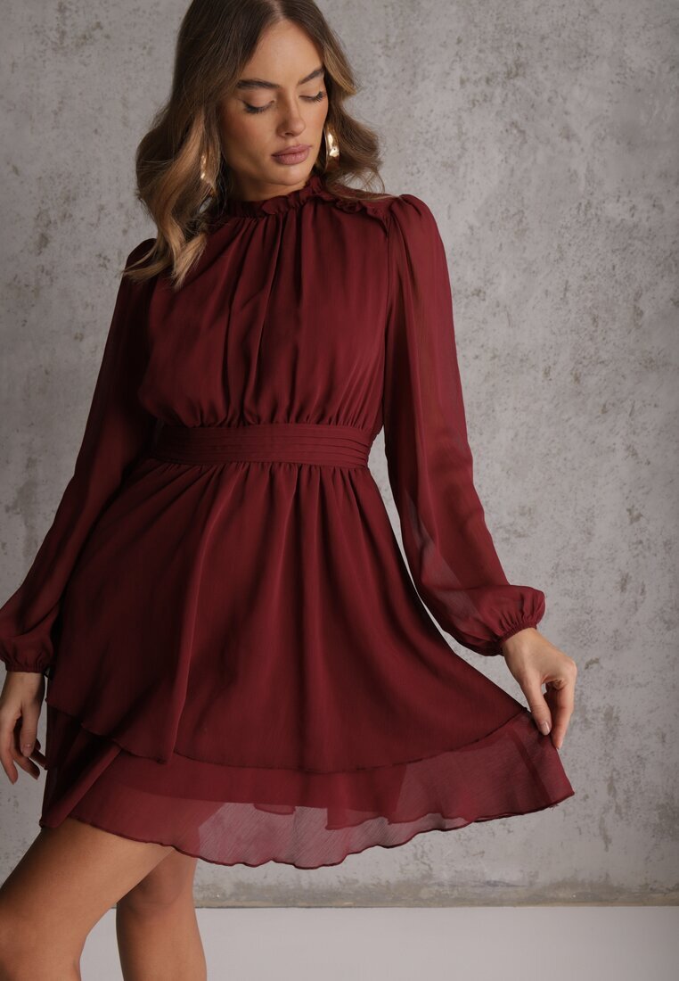 bisou's project Rochie Bordeaux vaporoasă din șifon cu croi evazat și mâneci bufante Aziva