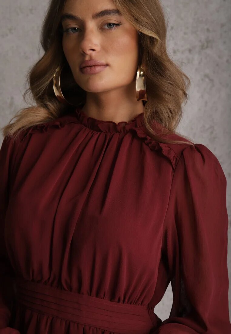 bisou's project Rochie Bordeaux vaporoasă din șifon cu croi evazat și mâneci bufante Aziva
