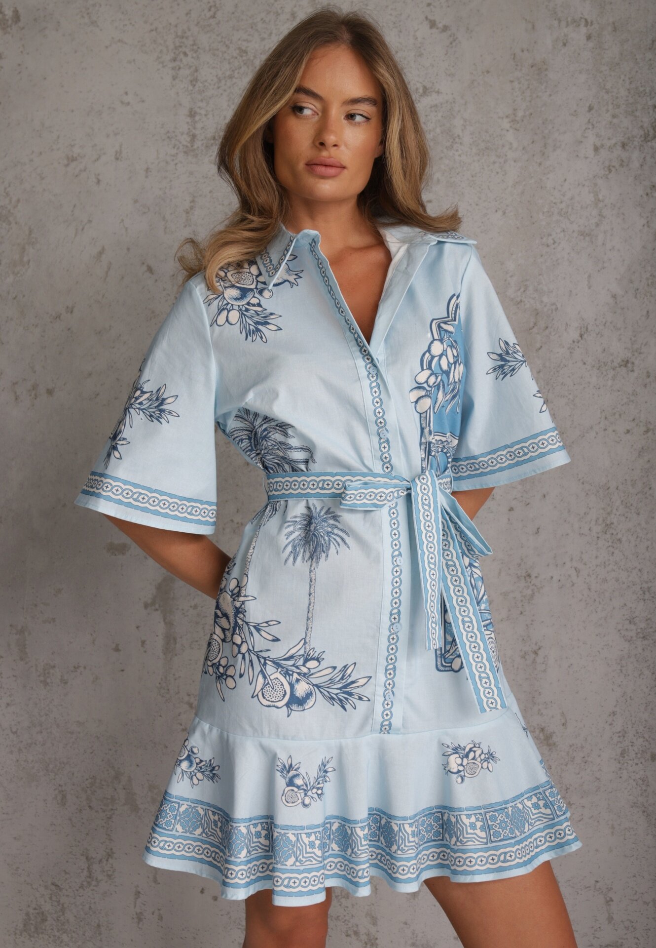 bisou's project Rochie-cămașă din bumbac cu print grecesc mozaicat și curea tip cravată Hesione Albastră