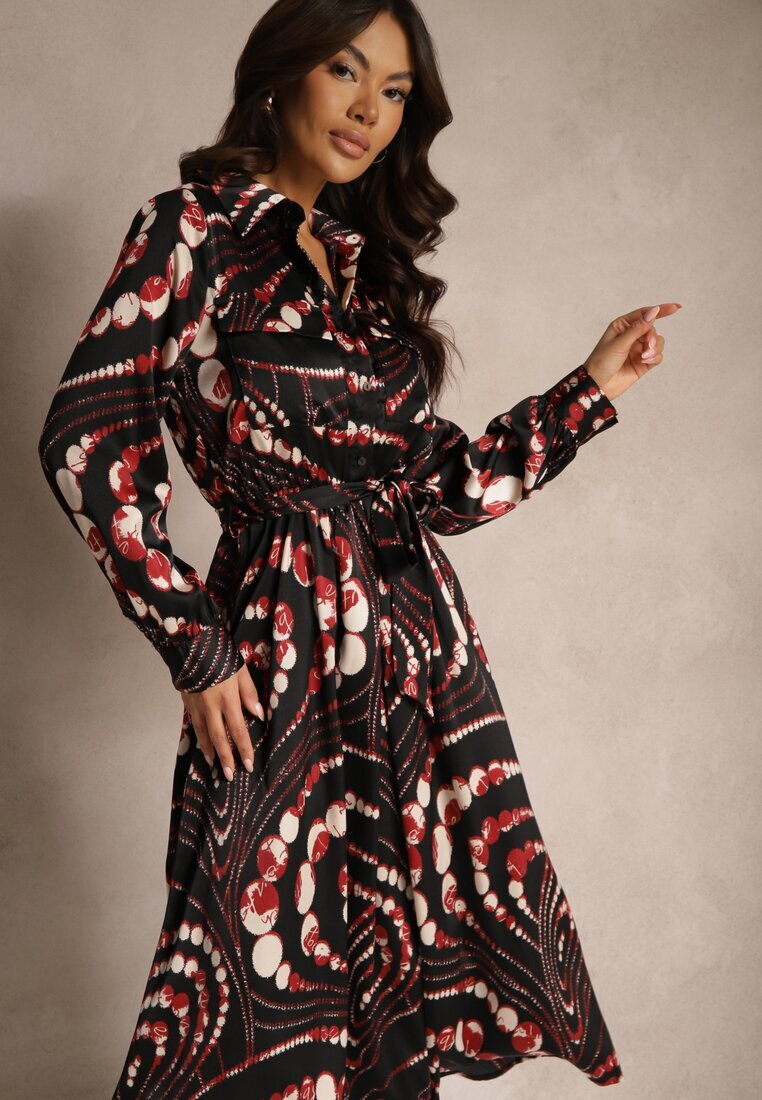 bisou's project Rochie cămașă Negru-Roșie cu croi evazat cu elastic în talie și imprimeu abstract Tinnelittia