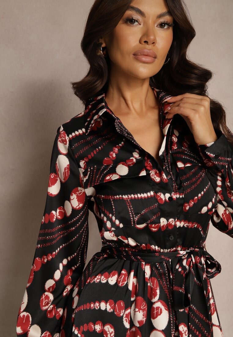 bisou's project Rochie cămașă Negru-Roșie cu croi evazat cu elastic în talie și imprimeu abstract Tinnelittia