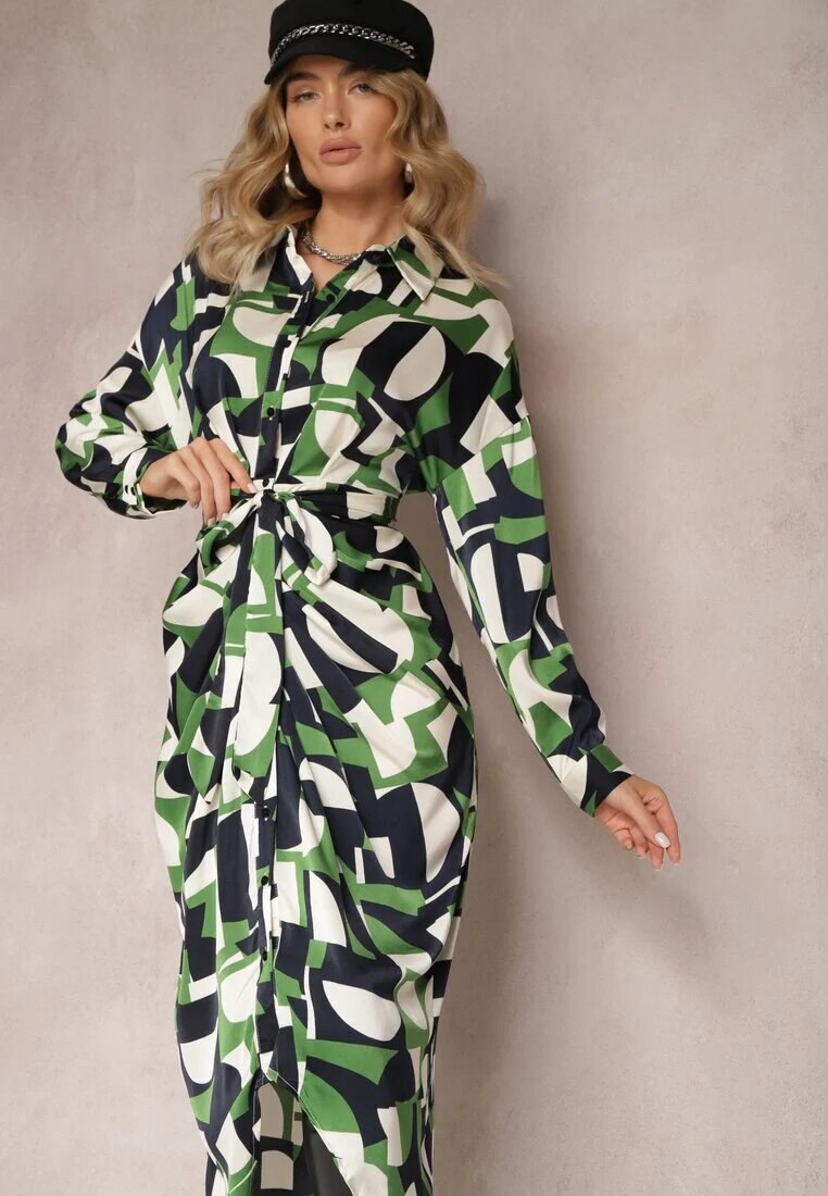 bisou's project Rochie Cămașă Verde Midi cu Curea Legată Elandrialia