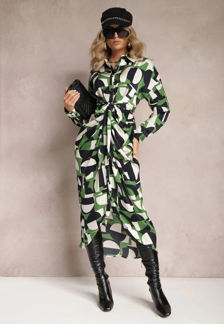 bisou's project Rochie Cămașă Verde Midi cu Curea Legată Elandrialia