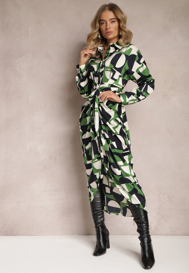 bisou's project Rochie Cămașă Verde Midi cu Curea Legată Elandrialia