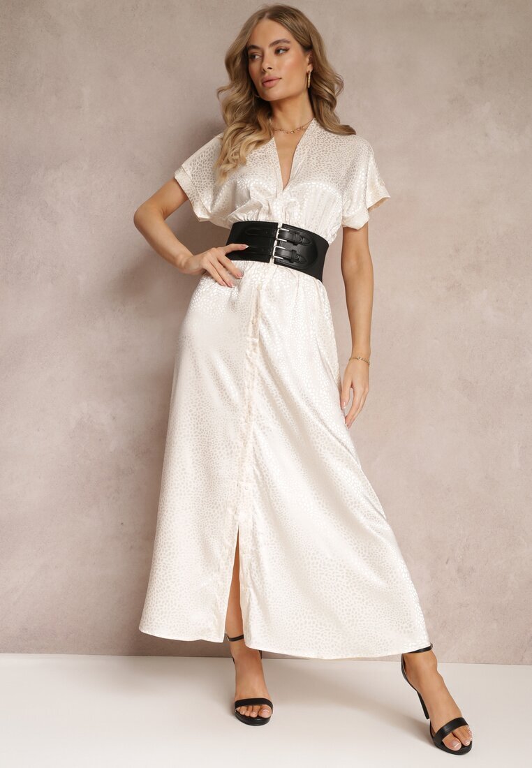 bisou's project Rochie cloș bej maxi cu mânecă scurtă și centură elastică Cruelli