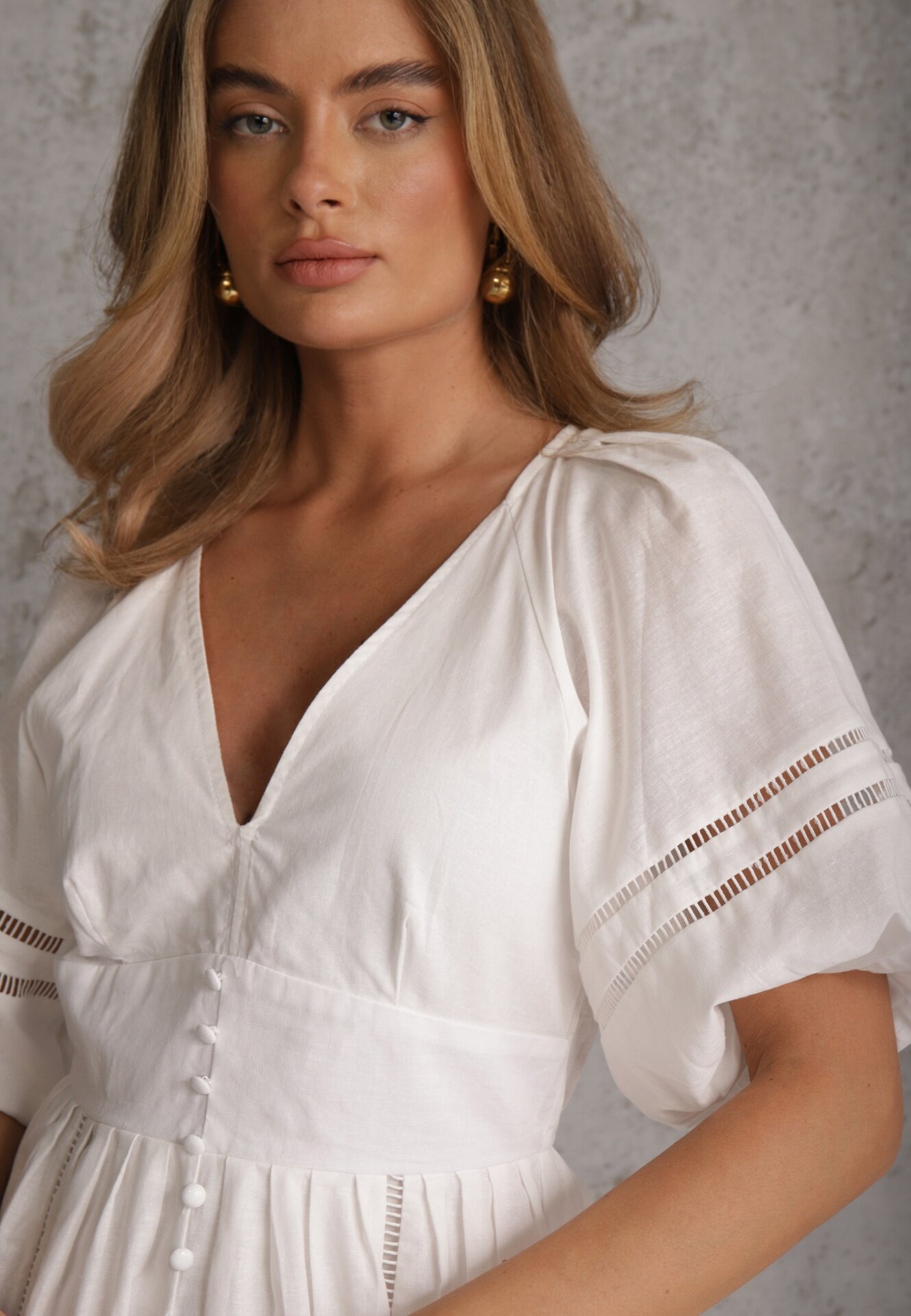 bisou's project Rochie Cloș Maxi Albă cu Inserții Ajourate din In și Bumbac Camya