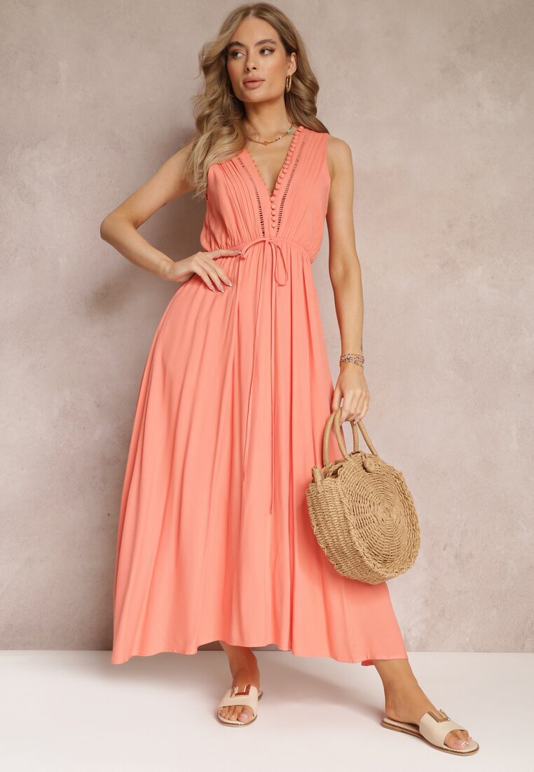 bisou's project Rochie Cloș Portocalie Maxi cu Elastic în Talie și Nasturi Decorativi din Viscoză Vianna