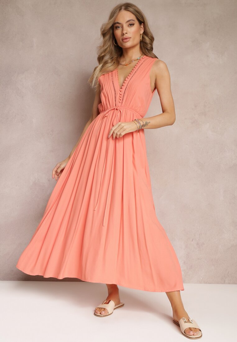 bisou's project Rochie Cloș Portocalie Maxi cu Elastic în Talie și Nasturi Decorativi din Viscoză Vianna