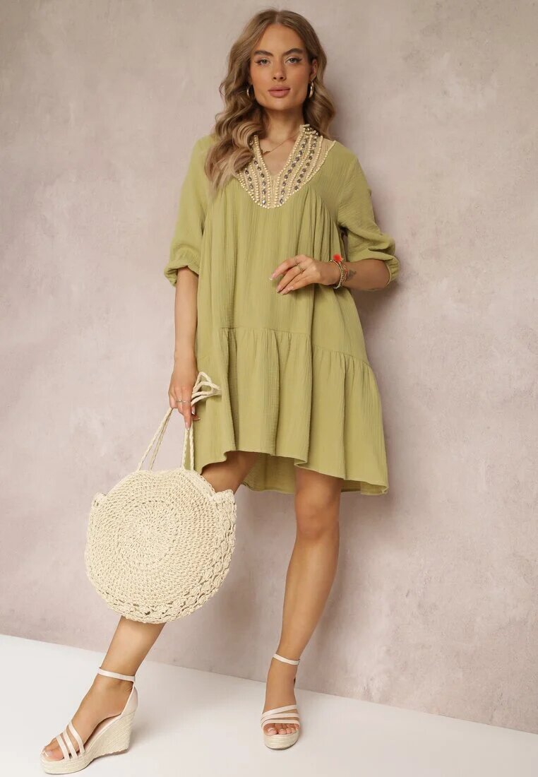 bisou's project Rochie Cloș Verde Mini Decorată cu împletitură la decolteu Rufta