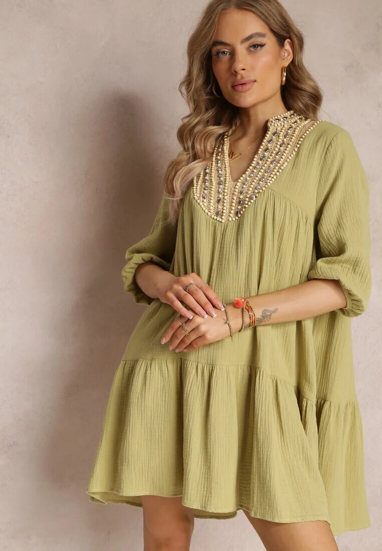 bisou's project Rochie Cloș Verde Mini Decorată cu împletitură la decolteu Rufta