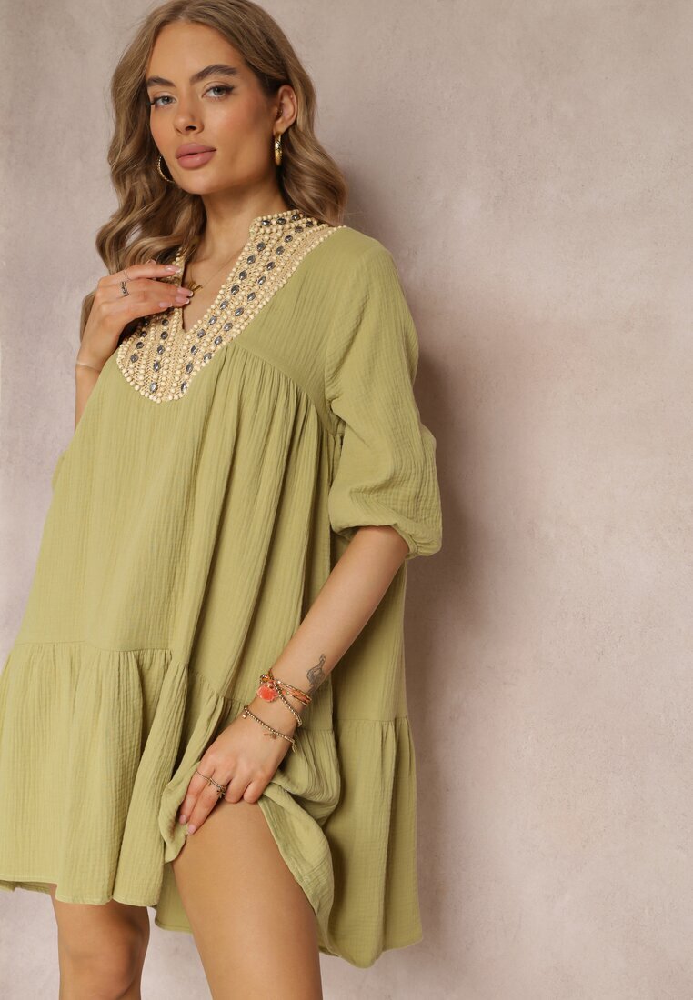 bisou's project Rochie Cloș Verde Mini Decorată cu împletitură la decolteu Rufta