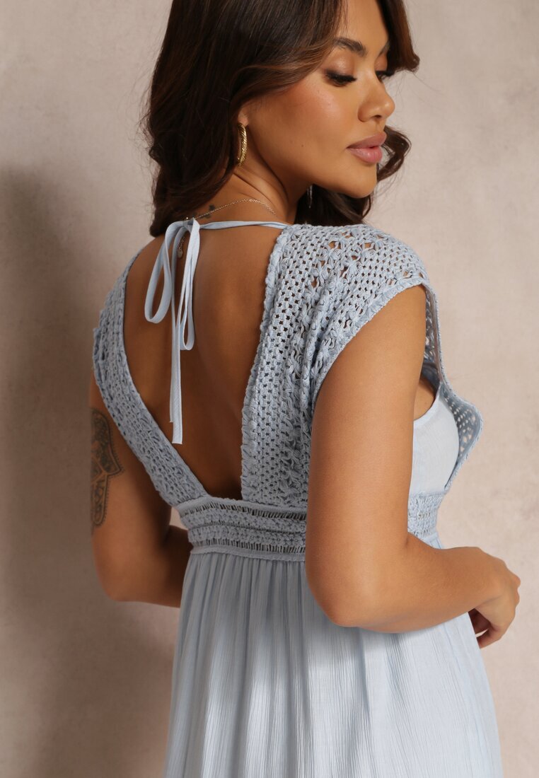 bisou's project Rochie Croșetată Albastră Maxi cu Decolteu Adânc și Volan la Bază Annama