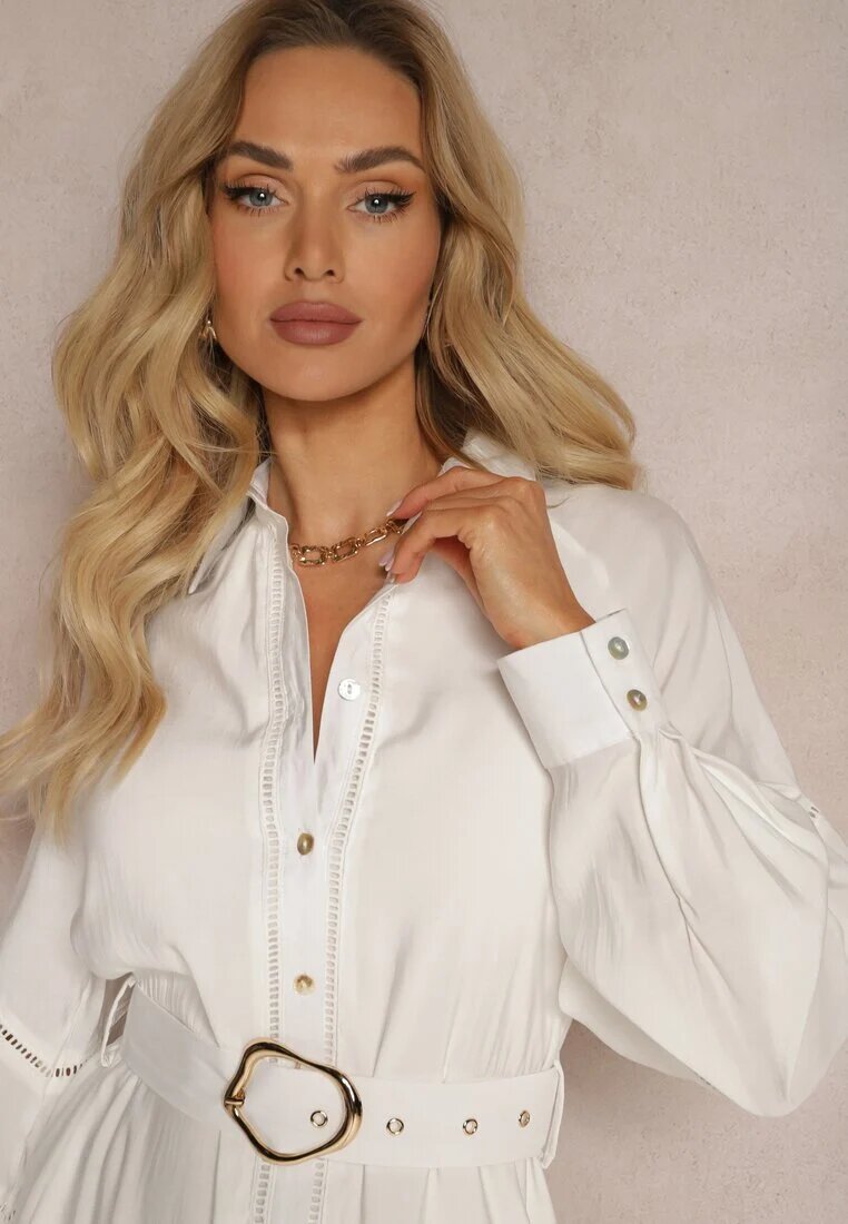 bisou's project Rochie cu nasturi Albă cu Centură din Material și Cataramă Kastria
