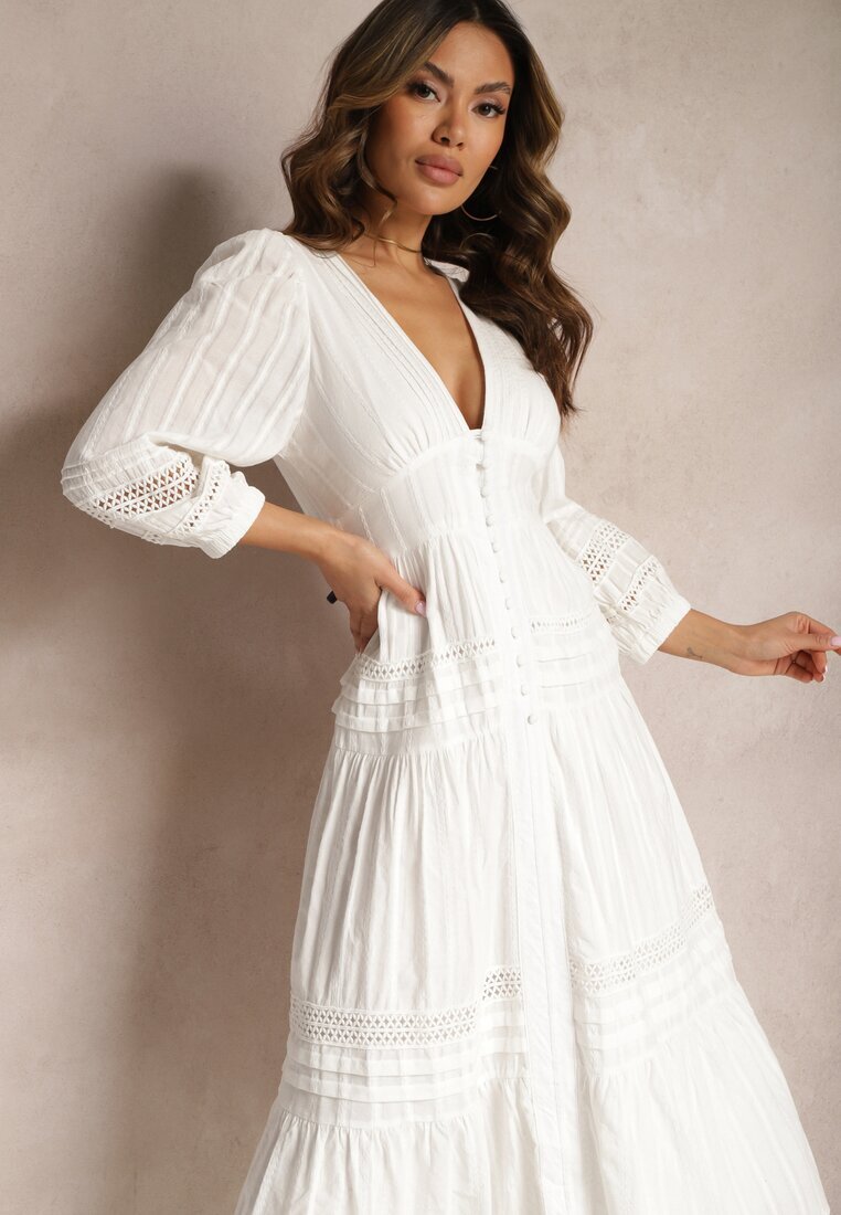bisou's project Rochie de bumbac albă cu croială evazată finisată cu inserții ajurate Perline