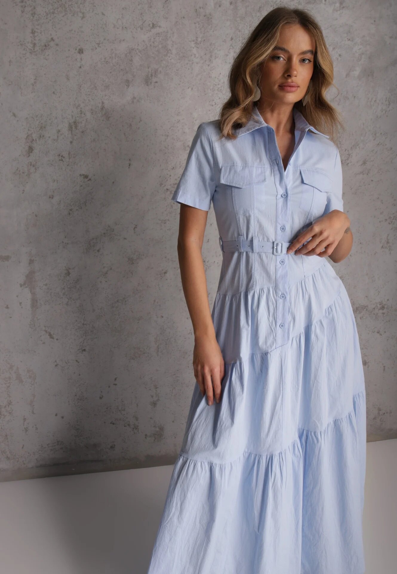 bisou's project Rochie de bumbac albastră evazată cambrată în talie Nenefia