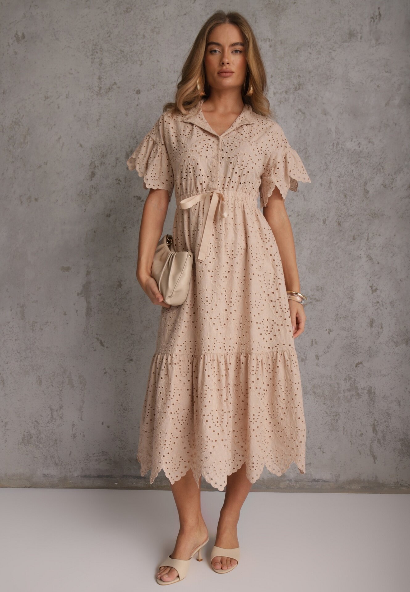 bisou's project Rochie de bumbac Bej cu croi cloș cu broderie cu nasturi și elastic în talie Lovarae