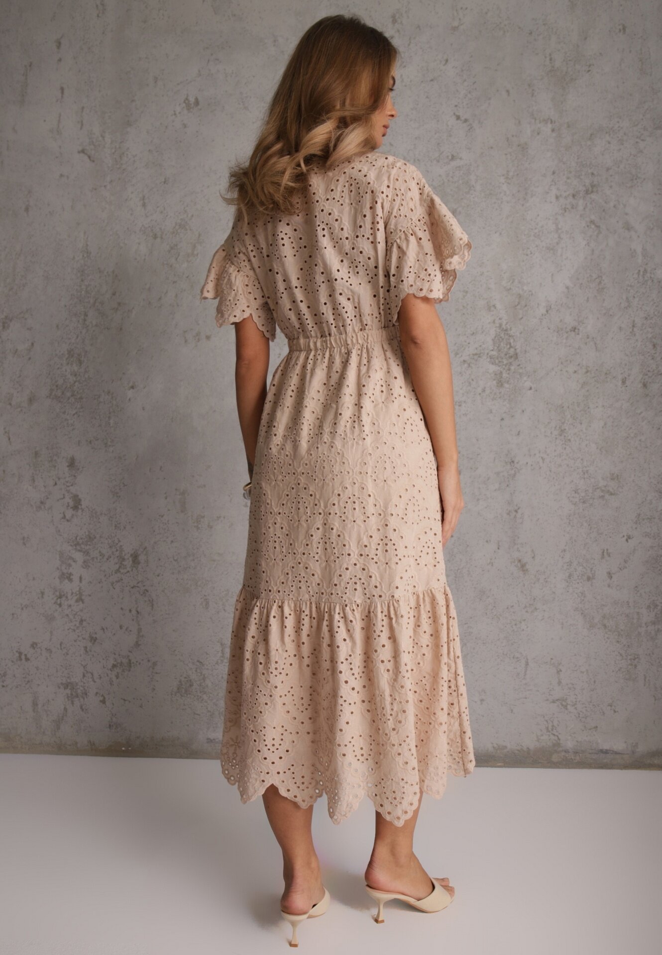 bisou's project Rochie de bumbac Bej cu croi cloș cu broderie cu nasturi și elastic în talie Lovarae