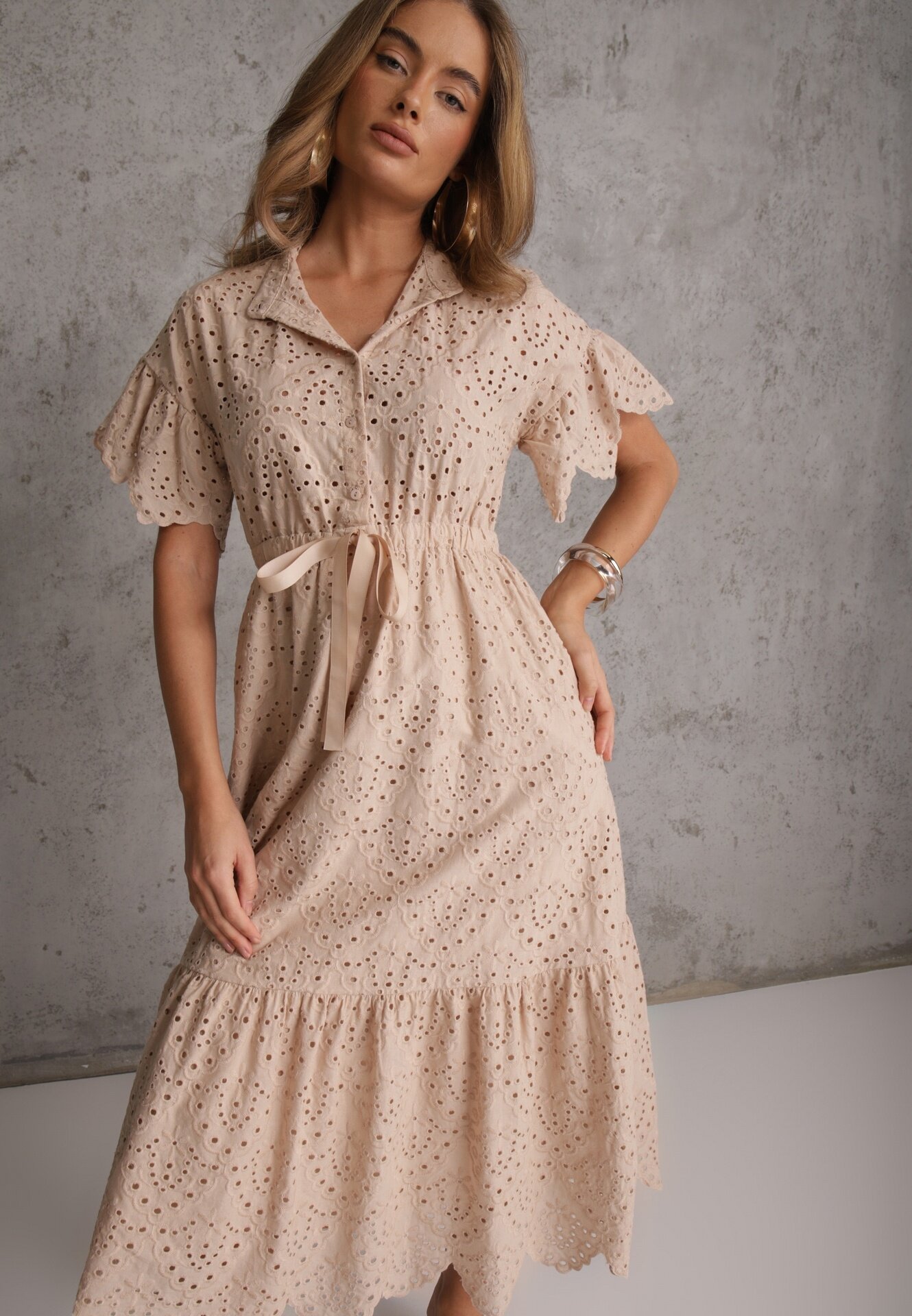 bisou's project Rochie de bumbac Bej cu croi cloș cu broderie cu nasturi și elastic în talie Lovarae